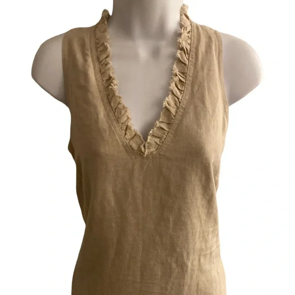 Tommy Bahama Beige Ruffled V-Neck Dress - XS tan linen with pockets - Picture 2 of 5